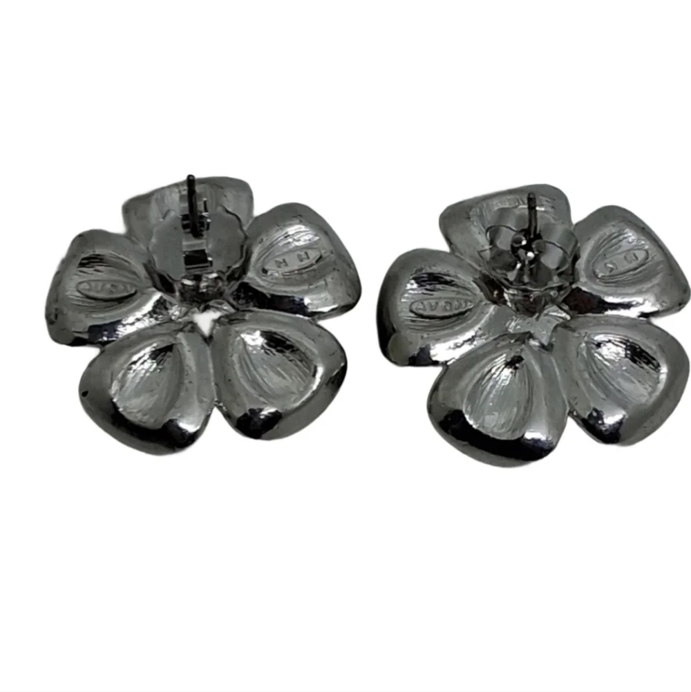 Avon Vintage Sapphire Blue & White Rhinestone Flower Earrings